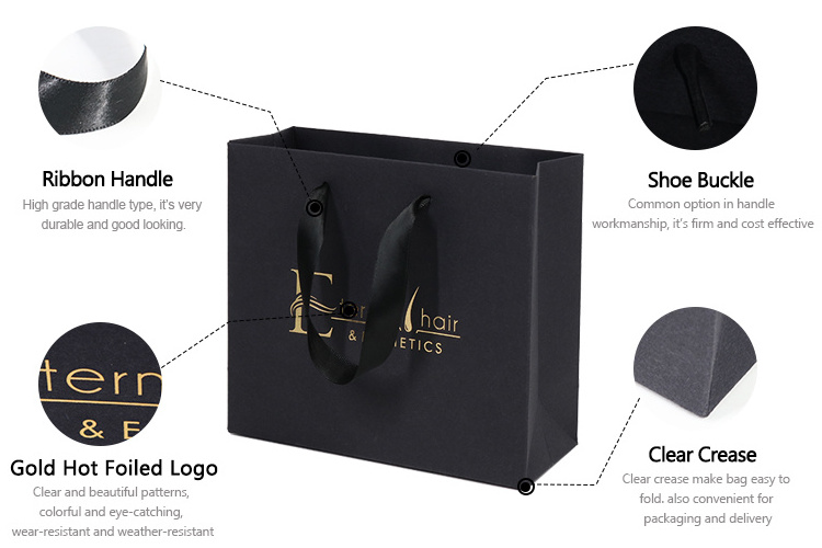 Hot Sale Paper Shopping Bag Custom Logo Bag Black Kraft Paper Bag For Hair Extension Packaging