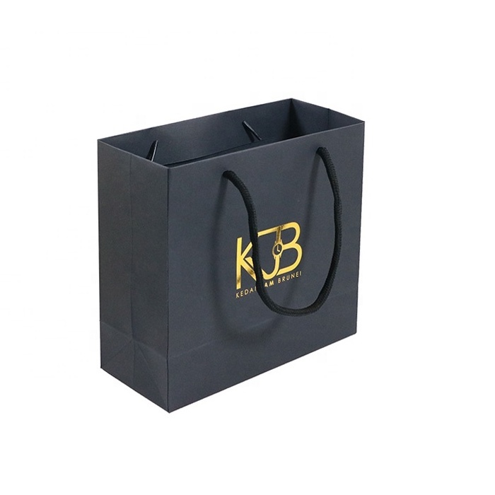 New Gold Logo Hot Foiled Stamping Black Matt Kraft  Paper Bag With Cotton Rope Handles