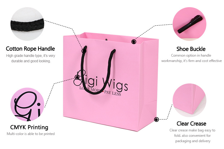 Wholesale Custom Printed Logo Luxury Pink Wigs Paper Bag Retail Boutique Shopping Gift Paper Bags With Your Own Logo