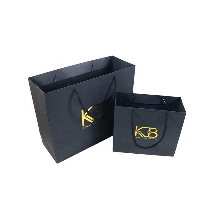 New Gold Logo Hot Foiled Stamping Black Matt Kraft  Paper Bag With Cotton Rope Handles