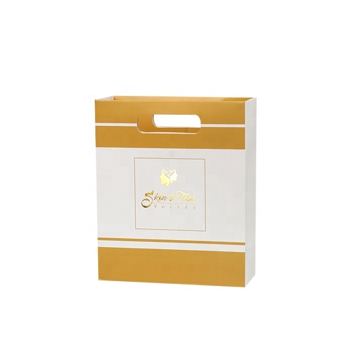 Machine Made Simple Design Custom Hot Foiled Gold Logo Small Candy Fancy Boutique Gift Die Cut Paper Bag