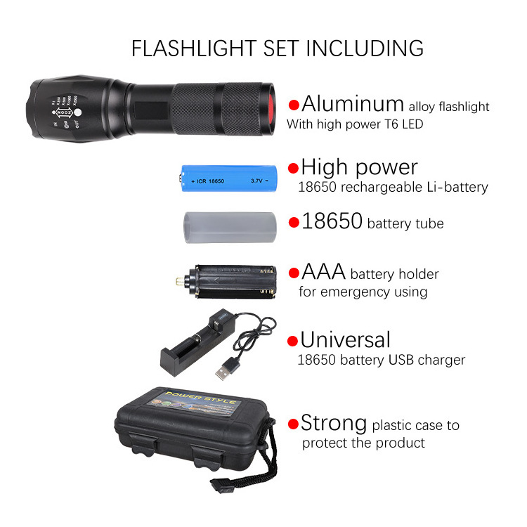 Powerful Zoom Searchlight Flash Light Rechargeable Tactical Waterproof Torch Led Flashlight Set