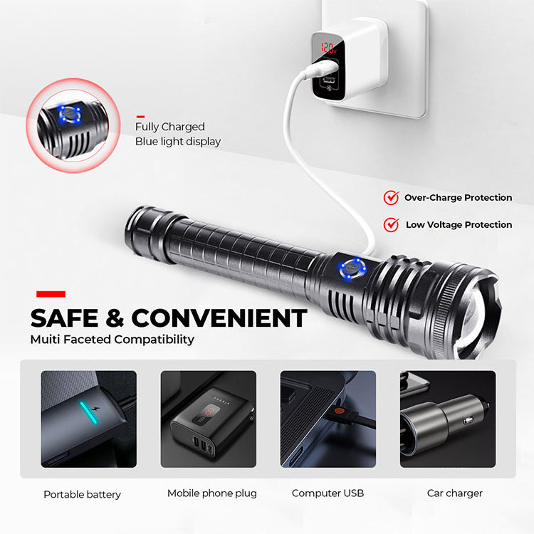 High Power Self Defence Aluminum USB Rechargeable Powerbank Tactical Torch Light Xhp90 Led Flashlight with Tail Hammer