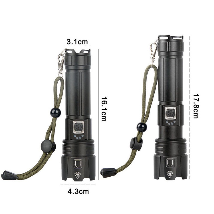 High Lumen Long Range Aluminum Waterproof Power Bank LED Torch Zoomable Self Defense Tactical Rechargeable P70 Flashlight