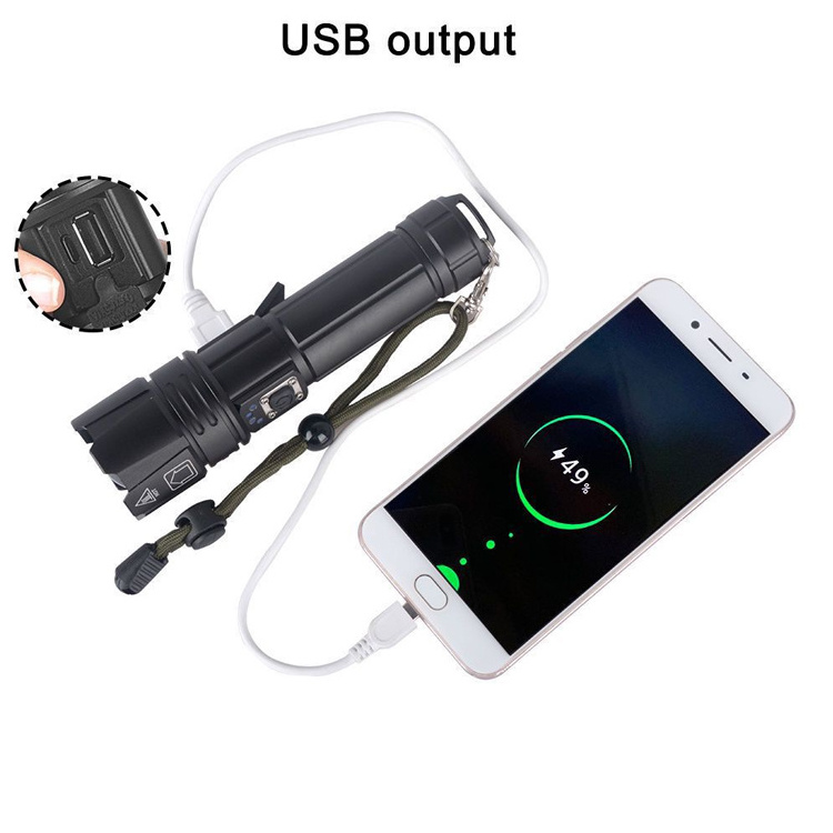 High Lumen Long Range Aluminum Waterproof Power Bank LED Torch Zoomable Self Defense Tactical Rechargeable P70 Flashlight