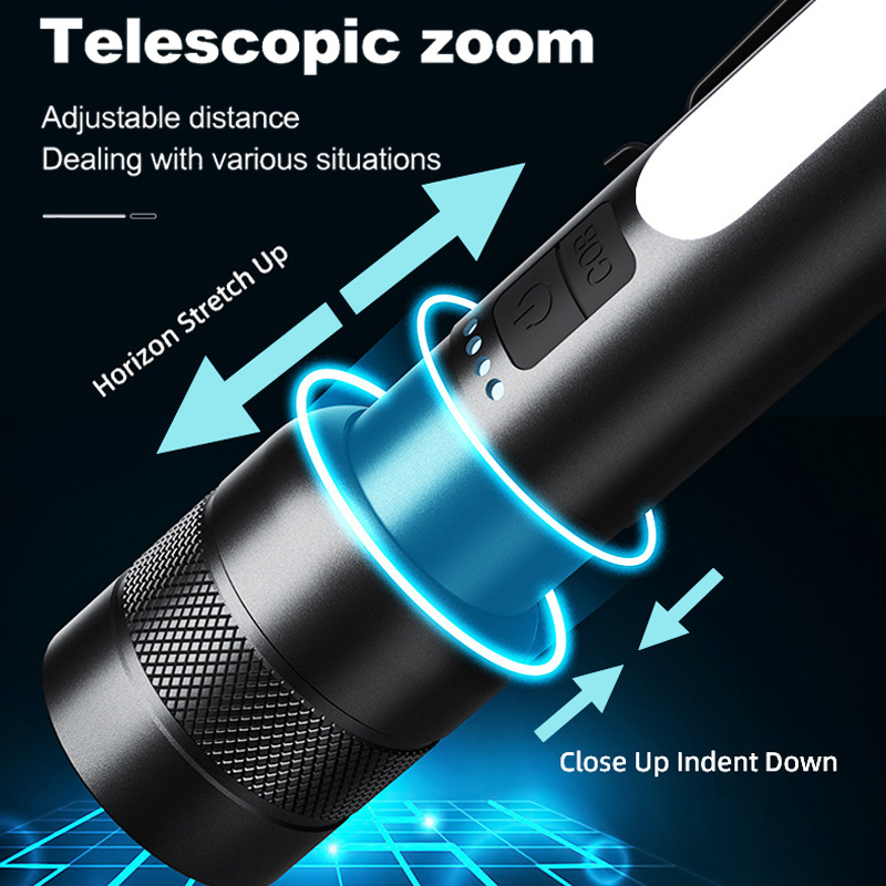 White Laser Super Bright Rechargeable Torch Light Side Red Blue Warning Light Zoomable Outdoor LED Pocket Flashlight