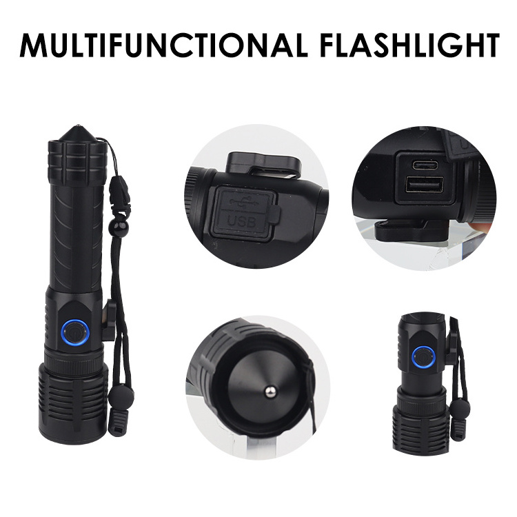 High Quality 30W P70 Rechargeable Waterproof LED Tactical Torch Light Emergency Safety Hammer Zoomable Self Defense Flashlights