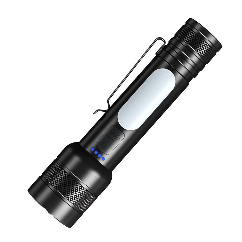 White Laser Super Bright Rechargeable Torch Light Side Red Blue Warning Light Zoomable Outdoor LED Pocket Flashlight