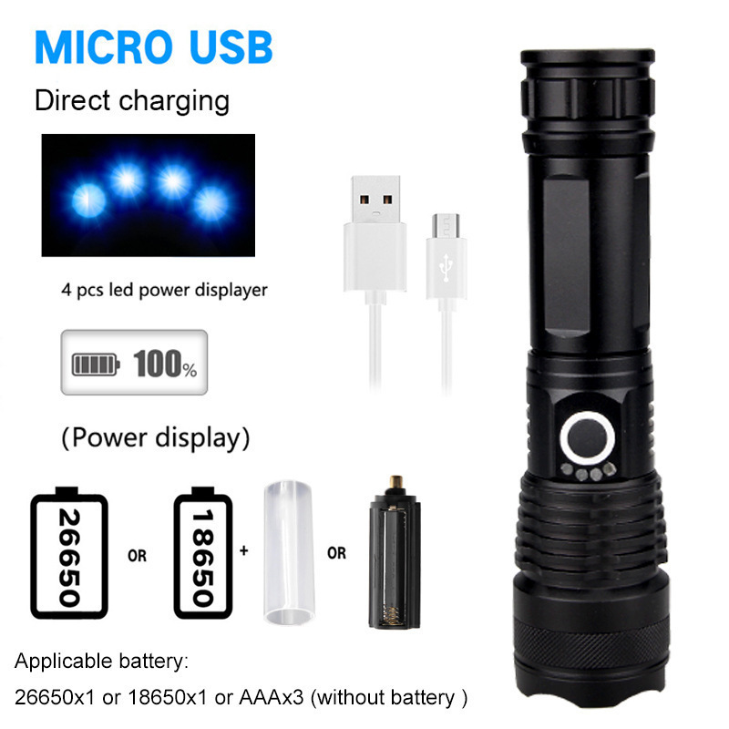 High Lumen Hunting Emergency Aluminum Dimmable Zoomable  Rechargeable Tactical LED Torches Flashlights