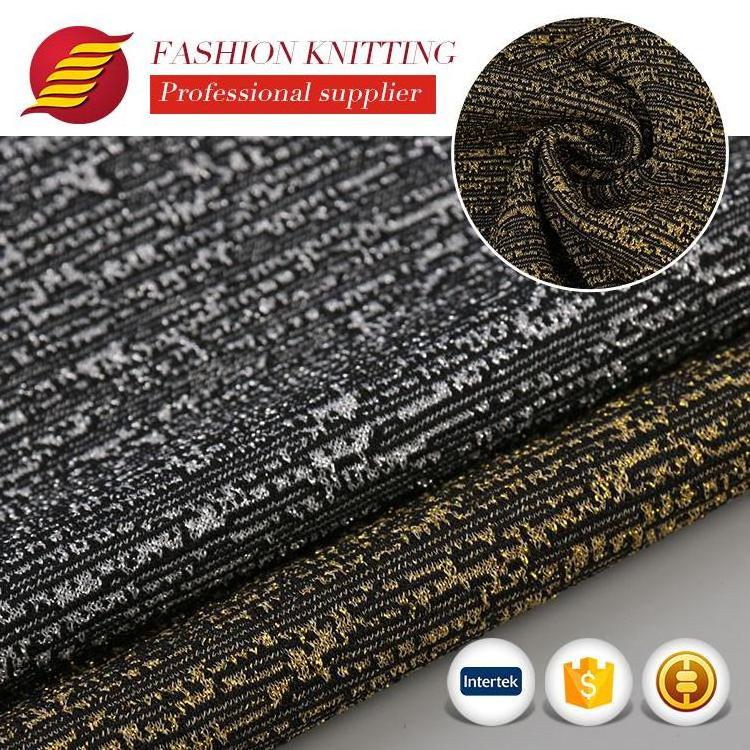 Knitted silver gold metallic yarn fancy stretch gold stripe lurex knit spandex jacquard fabric