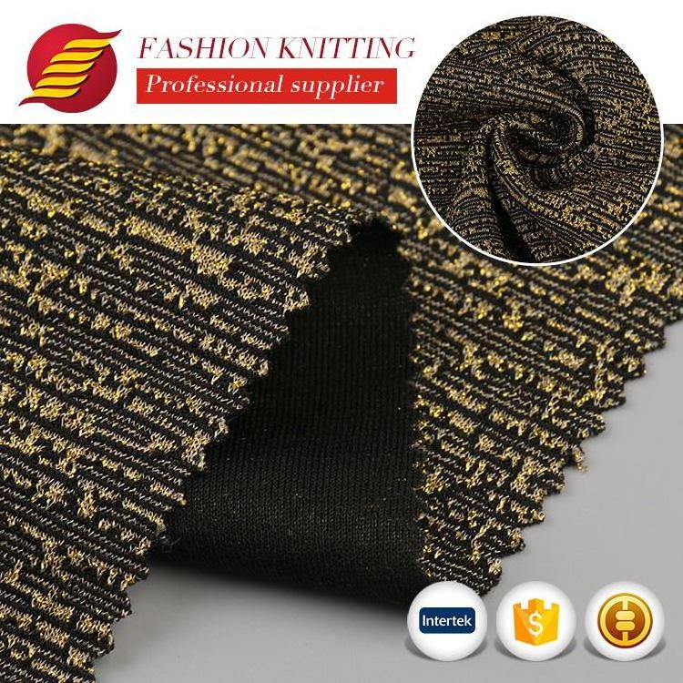 Knitted silver gold metallic yarn fancy stretch gold stripe lurex knit spandex jacquard fabric