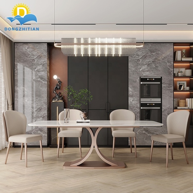 European Design Modern Stainless Steel Base Dining Table Foshan Dining Room Furniture Extending Square Dining Table Set 6 Chairs