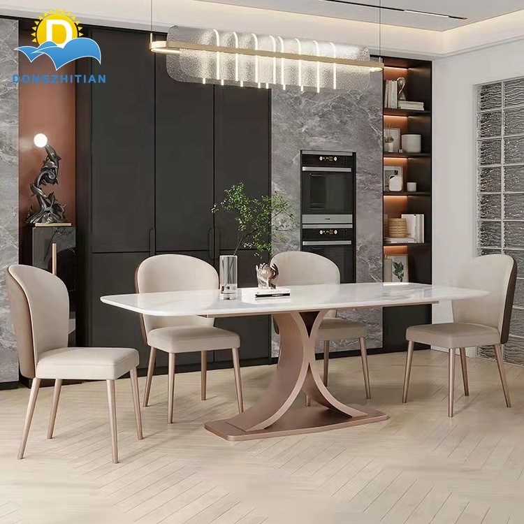 European Design Modern Stainless Steel Base Dining Table Foshan Dining Room Furniture Extending Square Dining Table Set 6 Chairs