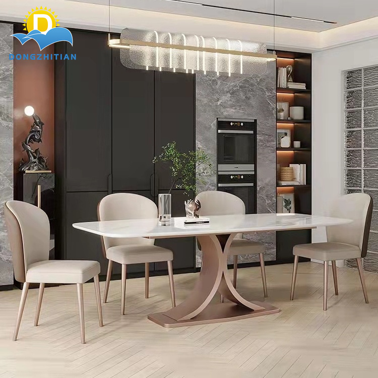 European Design Modern Stainless Steel Base Dining Table Foshan Dining Room Furniture Extending Square Dining Table Set 6 Chairs