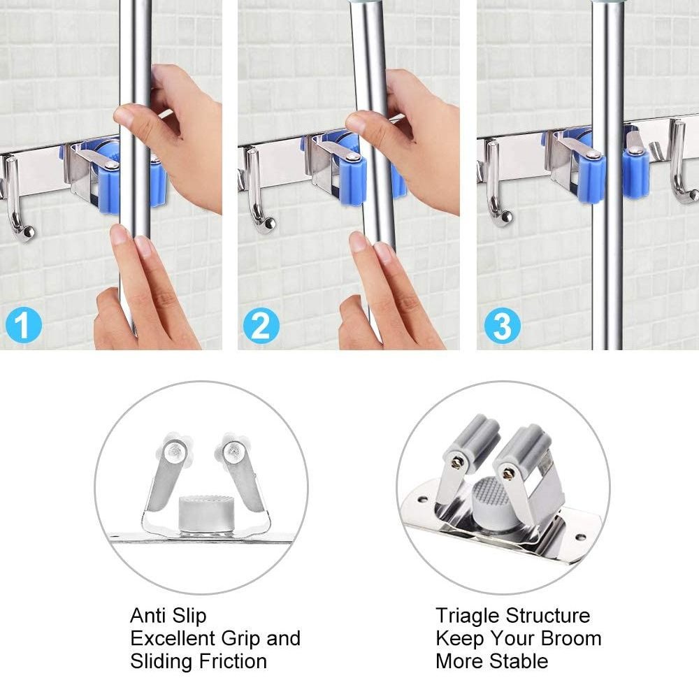 Broom Mop Holder Wall Mount Installation Broom Mop Hanger Organizer Stainless Steel 3 Racks 4 Hooks for Bathroom Kitchen Garden