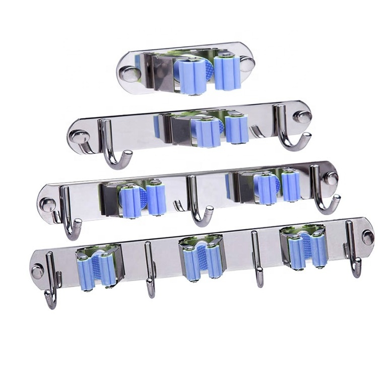 Upgraded 3 Racks 4 Hooks Stainless Steel Hanging Wall Mount Hanger Storage Tools Mop Broom Holder