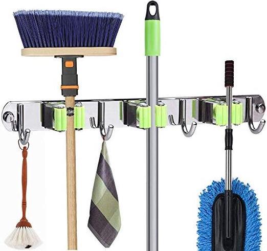 Broom Mop Holder Wall Mount Installation Broom Mop Hanger Organizer Stainless Steel 3 Racks 4 Hooks for Bathroom Kitchen Garden