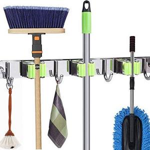 Broom Mop Holder Wall Mount Installation Broom Mop Hanger Organizer Stainless Steel 3 Racks 4 Hooks for Bathroom Kitchen Garden