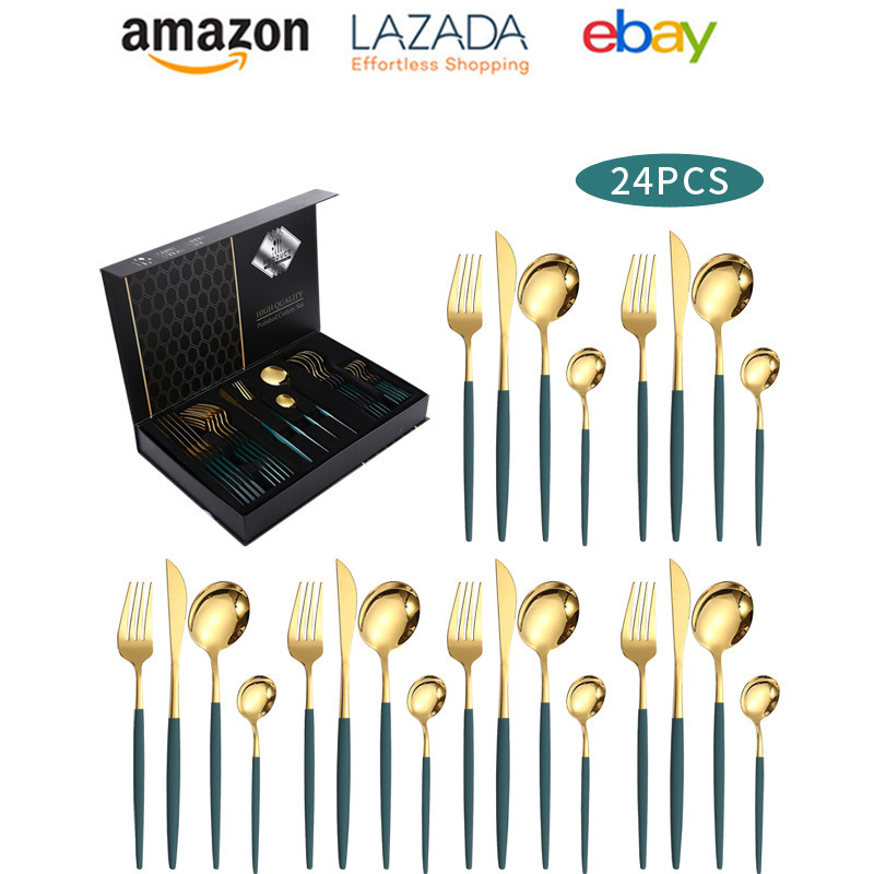 Best Selling 24 piece Portugal Stainless Steel Metal knife fork spoon Golden Plated Silverware Gold Cutlery Set with gift box