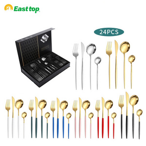 Best Selling 24 piece Portugal Stainless Steel Metal knife fork spoon Golden Plated Silverware Gold Cutlery Set with gift box