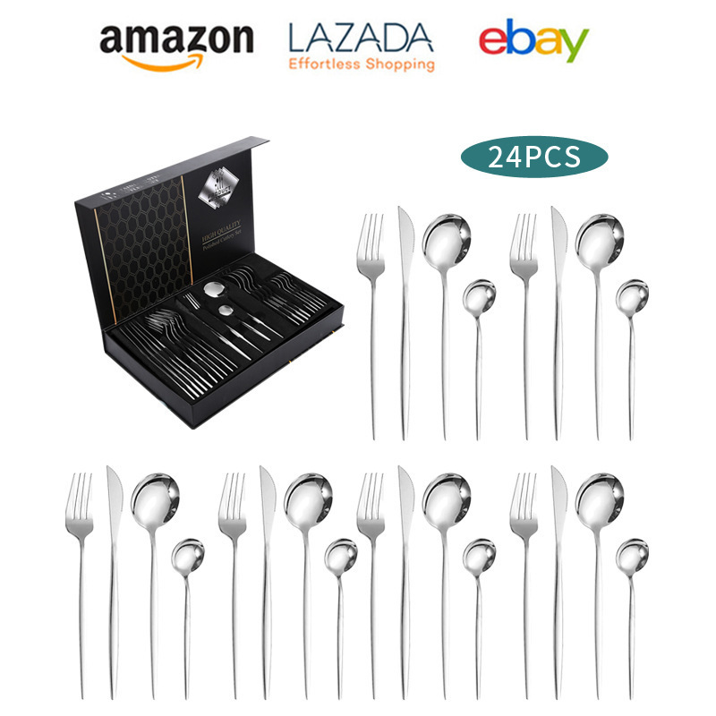 Best Selling 24 piece Portugal Stainless Steel Metal knife fork spoon Golden Plated Silverware Gold Cutlery Set with gift box