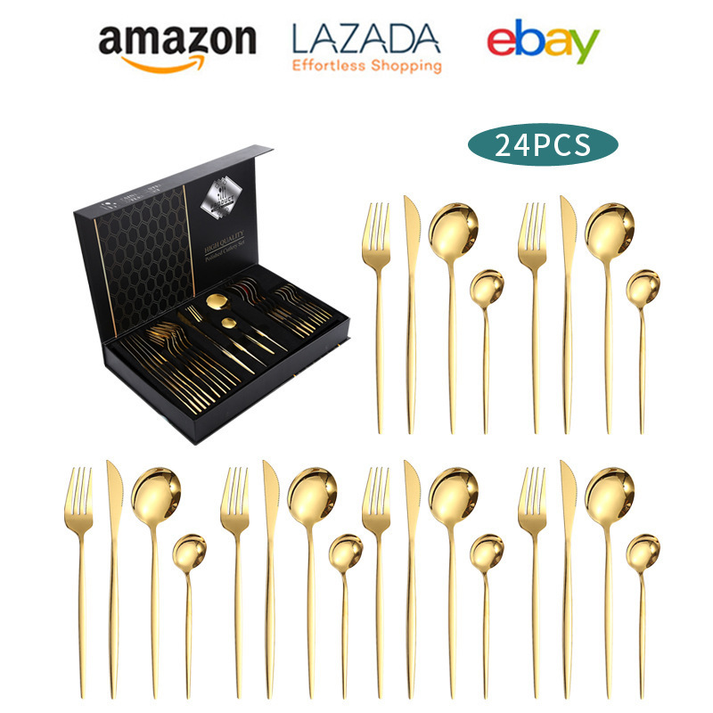 Best Selling 24 piece Portugal Stainless Steel Metal knife fork spoon Golden Plated Silverware Gold Cutlery Set with gift box