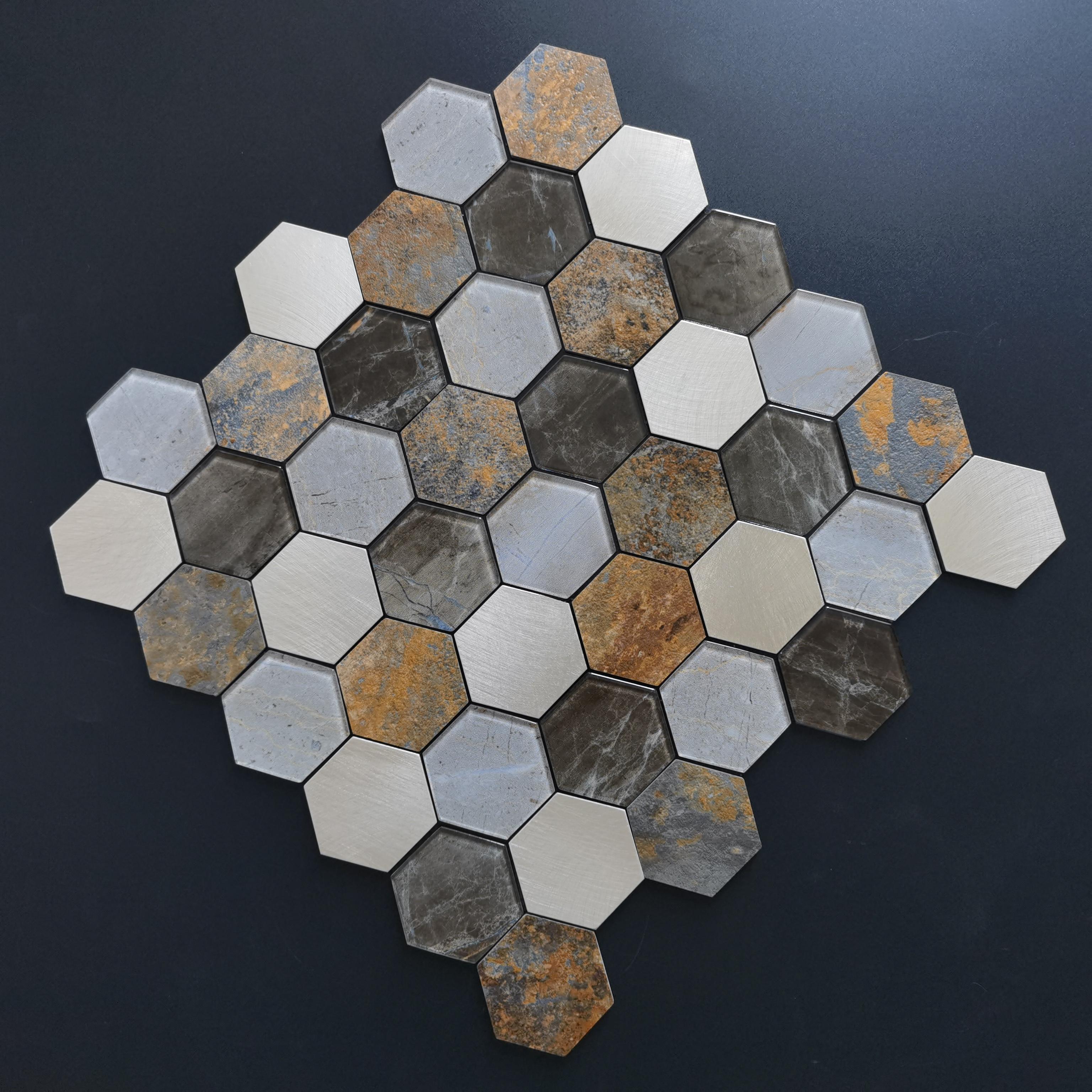 Self Adhesive 48mm Hexagon PVC Metal and Glass Mosaic Peel and Stick Tiles