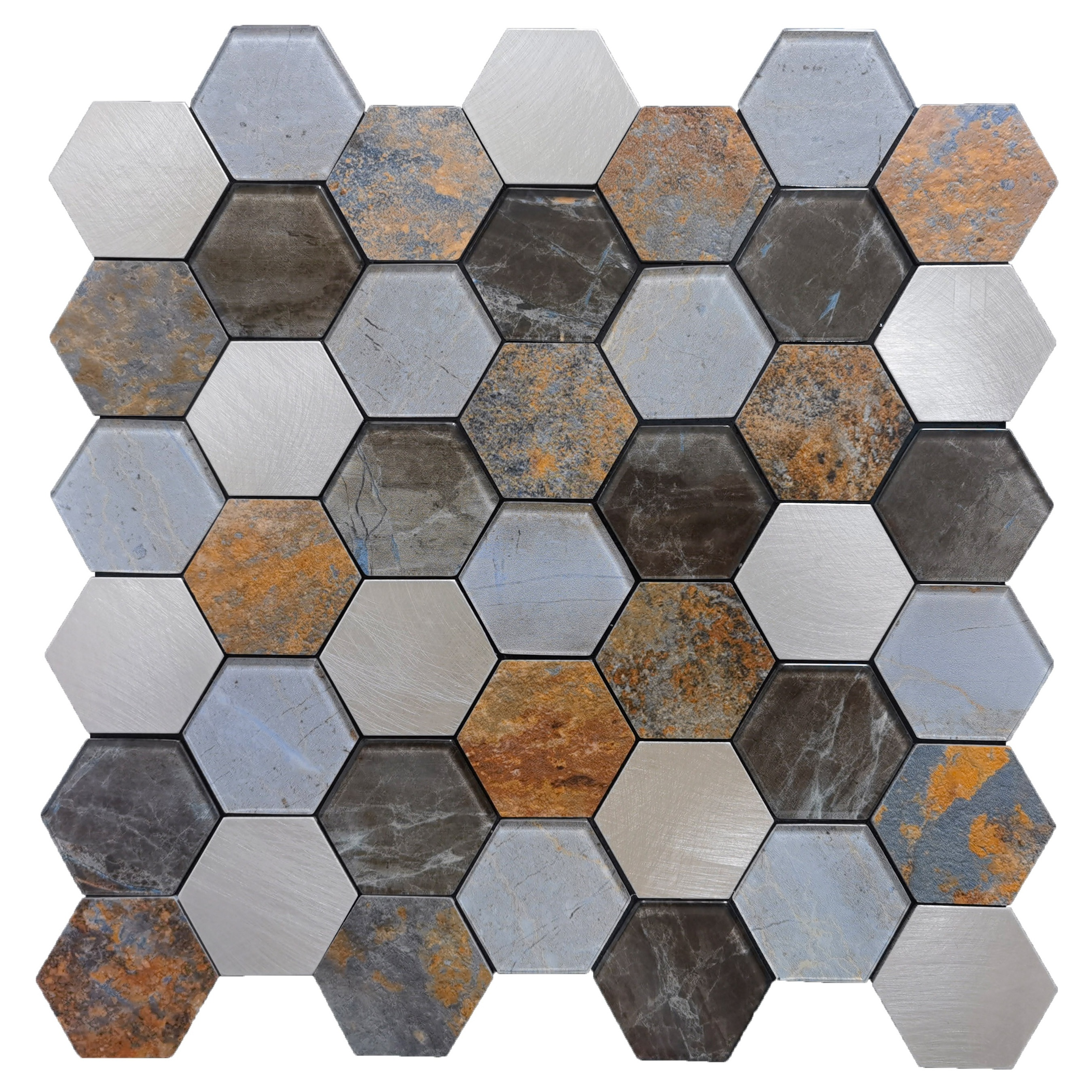 Self Adhesive 48mm Hexagon PVC Metal and Glass Mosaic Peel and Stick Tiles