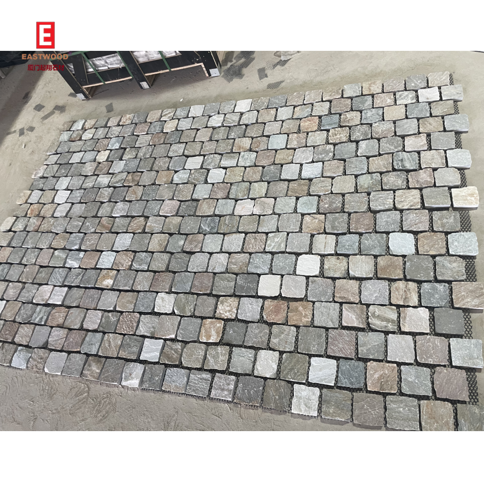 Natural Multicolor Slate Cobblestone on Mesh Paver For Driveway Paving