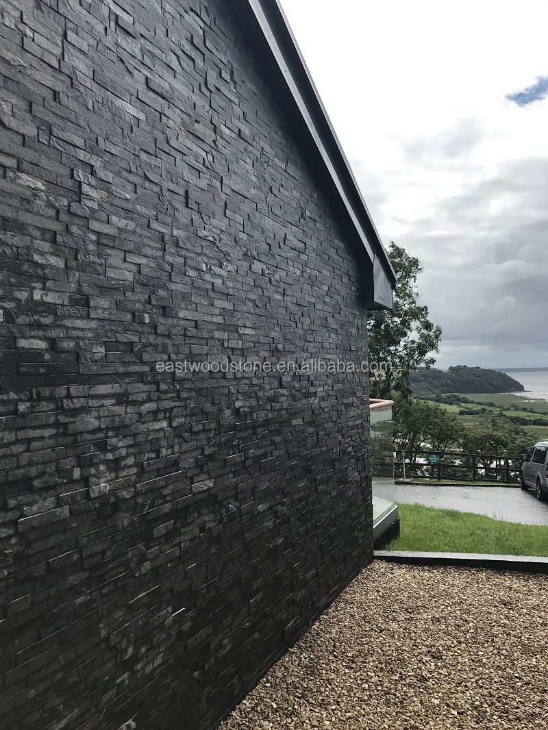 natural split black slate stacked stone wall cladding tiles