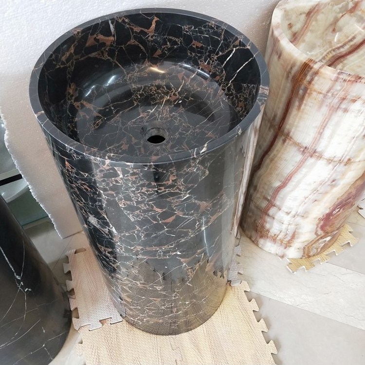 Hand Carved Free Standing Stone Nero Marquina Black Marble Pedestal Wash Basin Sink For Bathroom