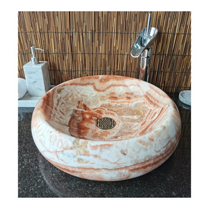 Customized Hand Carved Round Pink Marble  Sink For Bathroom Washing Basin