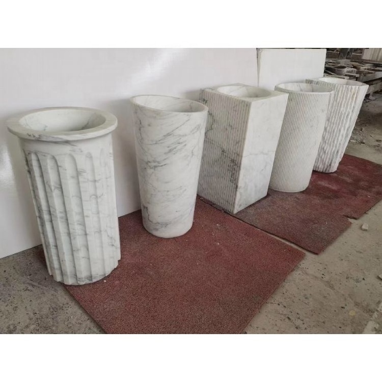 Free Standing Natural White Marble Stone Pedestal Washbasin Stone Basin