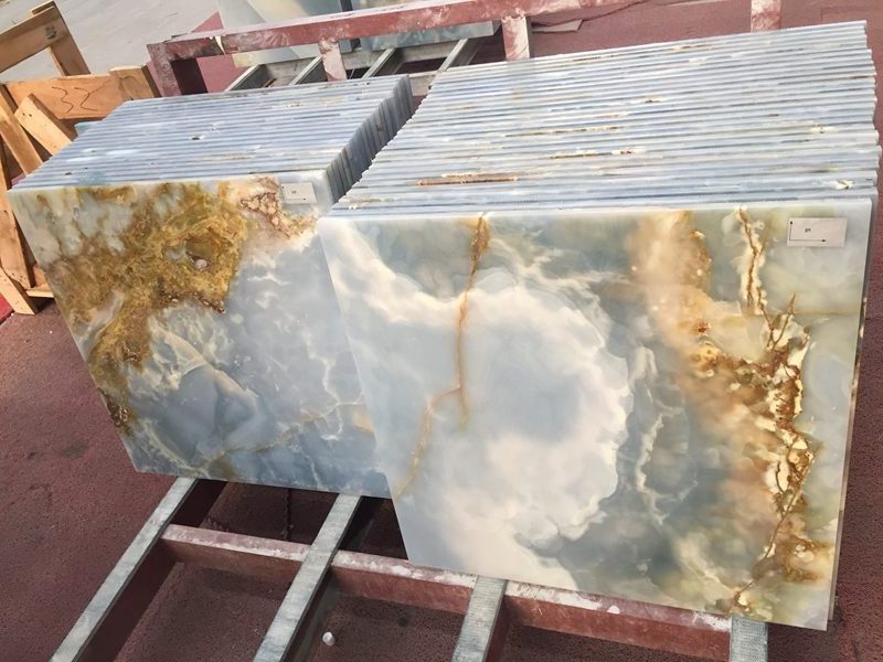 Transparent backlit natural Sky Blue onyx marble slabs for wall decoration in villa home