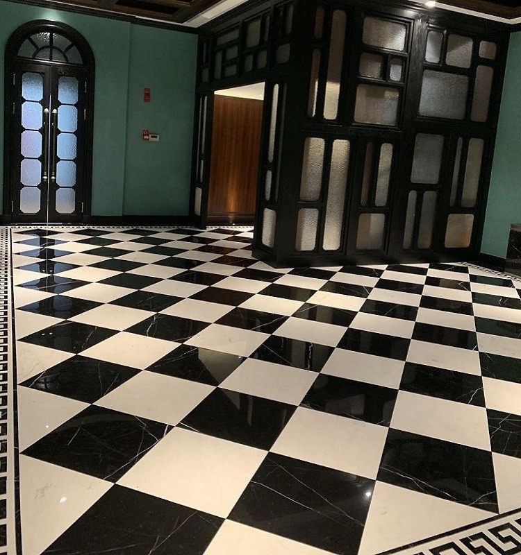 White Marble And Black Marble Checker Flooring Tiles