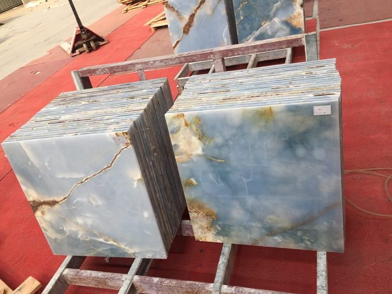 Transparent backlit natural Sky Blue onyx marble slabs for wall decoration in villa home