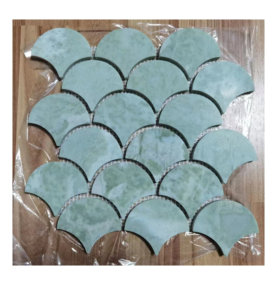 Natural Polished Waterjet  Light Green Marble With Chips In Fan Shape Leaf Pattern Stone Mosaic Tiles Customized