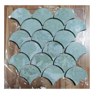 Natural Polished Waterjet  Light Green Marble With Chips In Fan Shape Leaf Pattern Stone Mosaic Tiles Customized