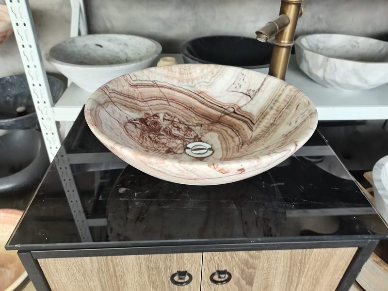 Customized Hand Carved Round Pink Marble  Sink For Bathroom Washing Basin