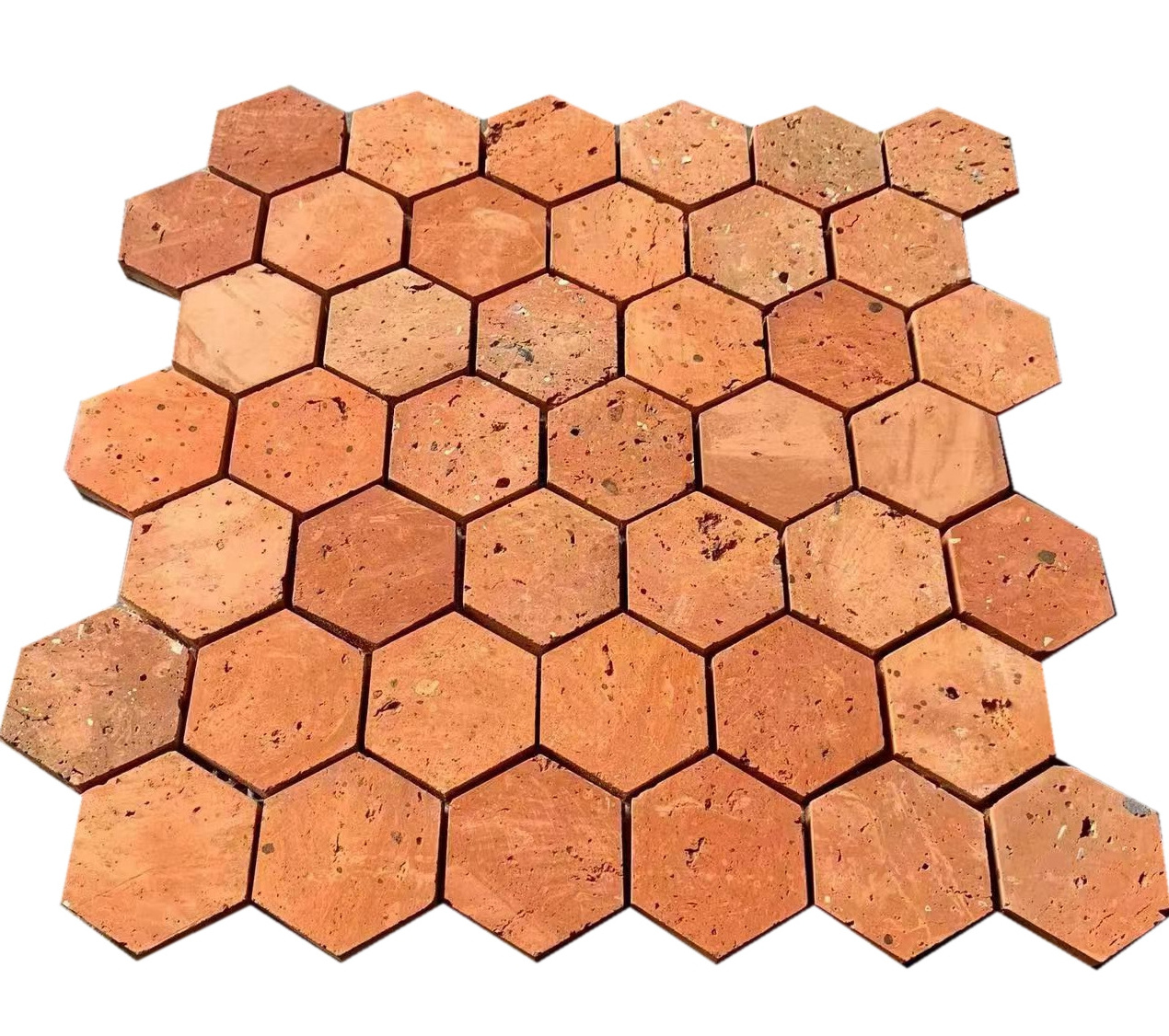 Antiqued Natural Surface Red Clay Bricks Hexagon Pattern Mosaic Tiles Exterior Interior Wall Cladding