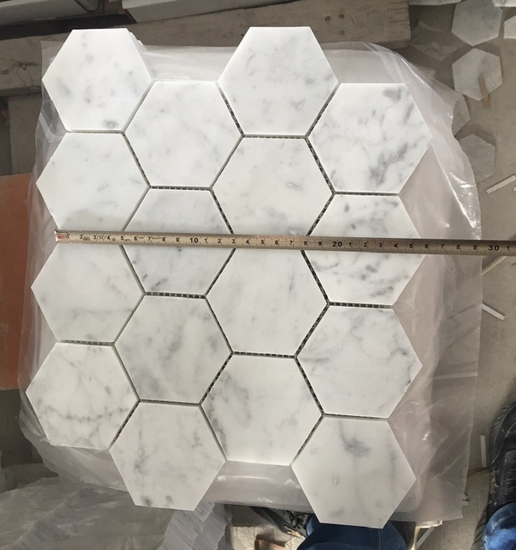 Honed Carrara White Marble Hexagon White Marble Mosaic Pattern