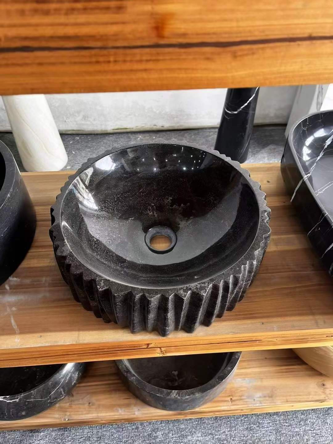 Black limestone polished round with pop up drain bathroom vessel sink