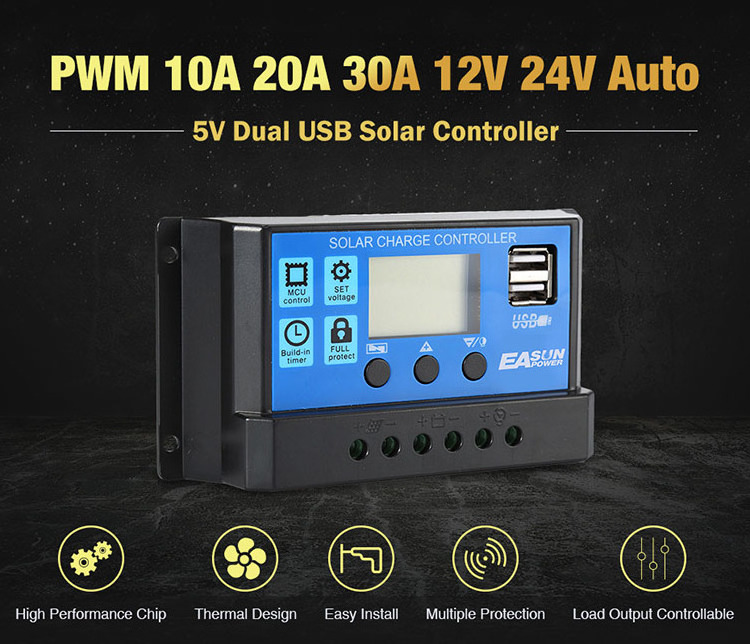 PWM 10A 20A 30A 50A Solar Charge Regulator 12V 24V Auto LCD Display Controller with Load Dual Timer Control Solar controller 30a