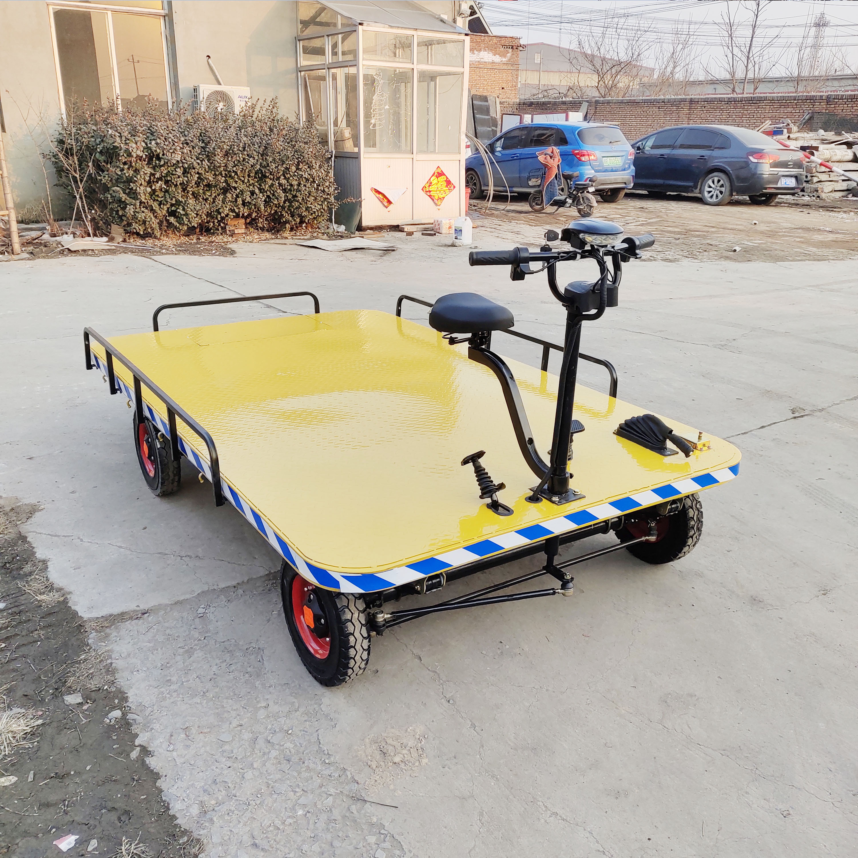 Folding electric four-wheel flat car thickened steel portable trolley electric truck for warehouse