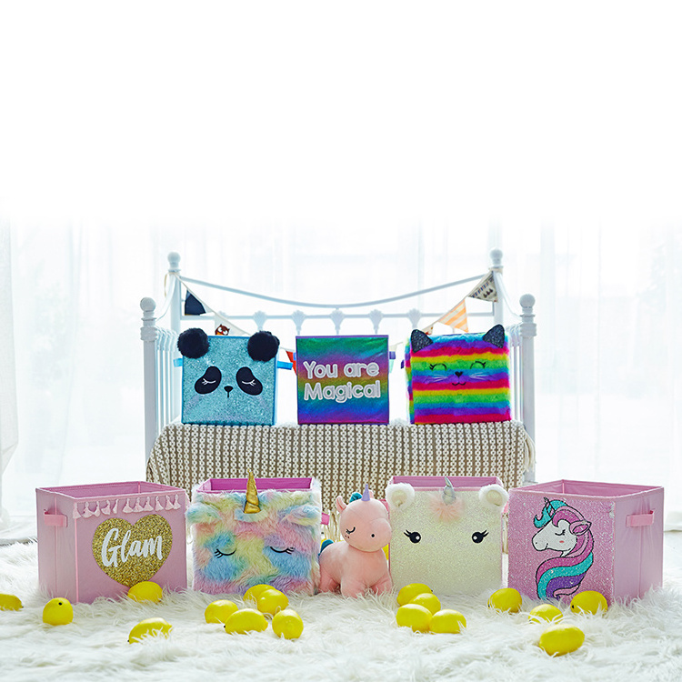 Custom Logo Fashion Cute Sequins Colorful Foldable Non-woven Kids Organization Storage Container Boxes Container For Toy