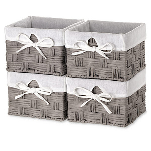 Gray 7x7x5" 4pcs Linen Bathroom Household Nursery, Weaved Basket Bins Decorative Paper Rope Storage Cubes Paper Storage Basket