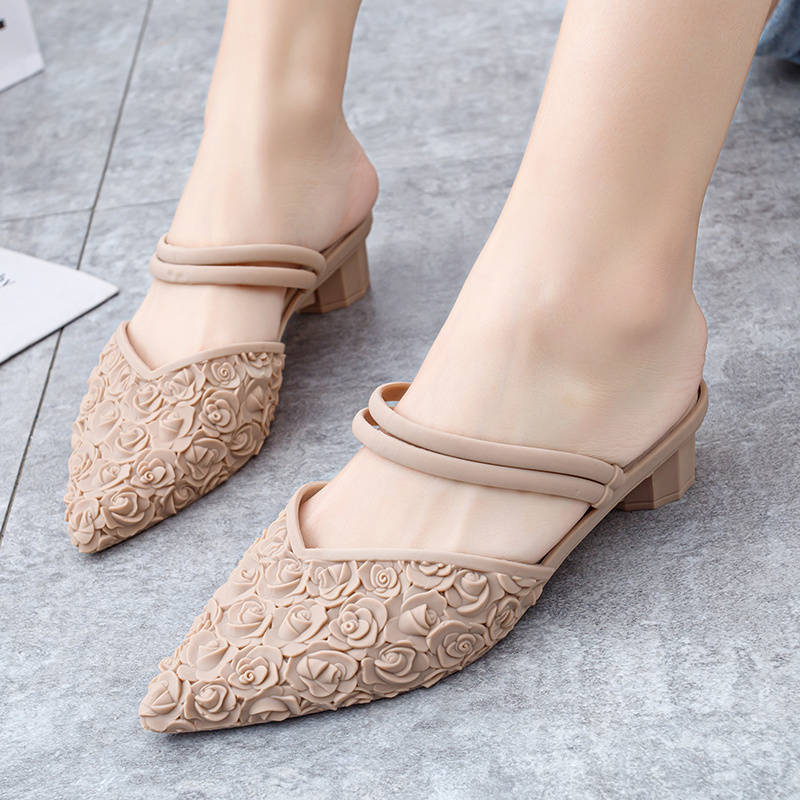 Sexy Pointed Toe slip on pvc offical shoes women slip-on sandals square heel ladies sandals with platform for wholesale.