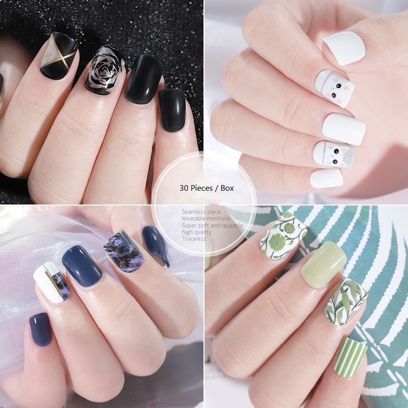 30Pcs/set wholesale nails tips artifical fingernail tips  Reusable Short False  press on nail custom back glue nails