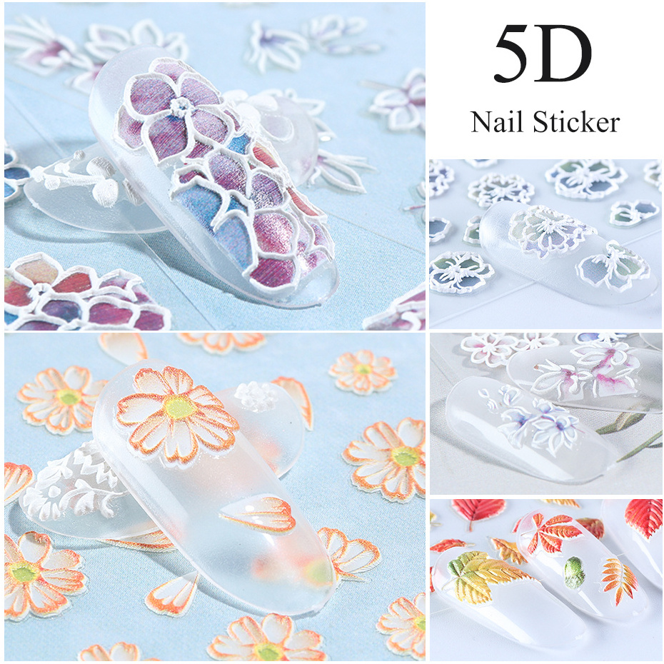 5D Embossed Nail Sticker Decals Blooming Flower Acrylic Engraved 3D Slider Manicure Embossed Nail Art stickers