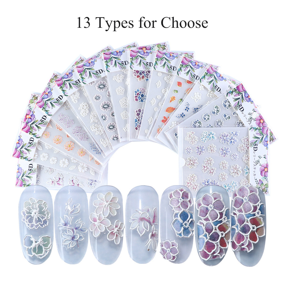 5D Embossed Nail Sticker Decals Blooming Flower Acrylic Engraved 3D Slider Manicure Embossed Nail Art stickers